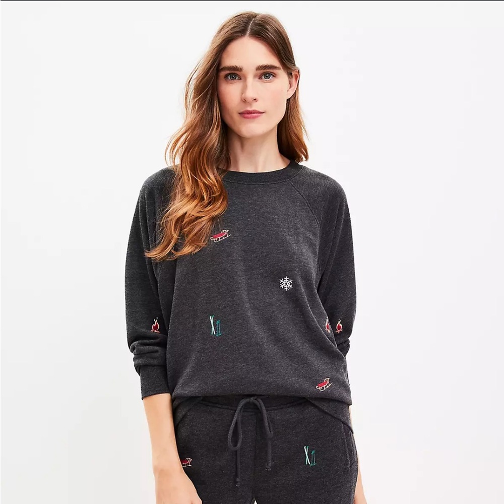 LOFT Lou&Grey Ski Lodge Cozy Cotton Terry Sweatshirt, Charcoal, Size Medium, GUC
